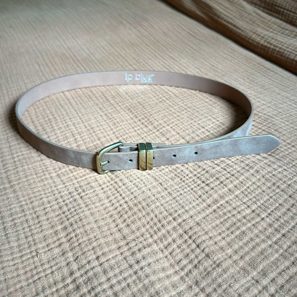 Thin brown belt with gold buckle